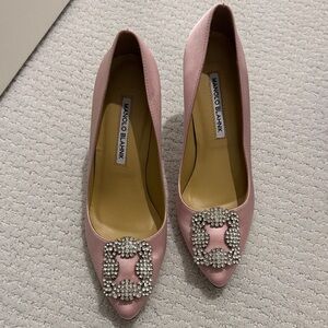 Manolo Blahnik Blush Pink Satin Pointed Pumps with Crystal Buckles